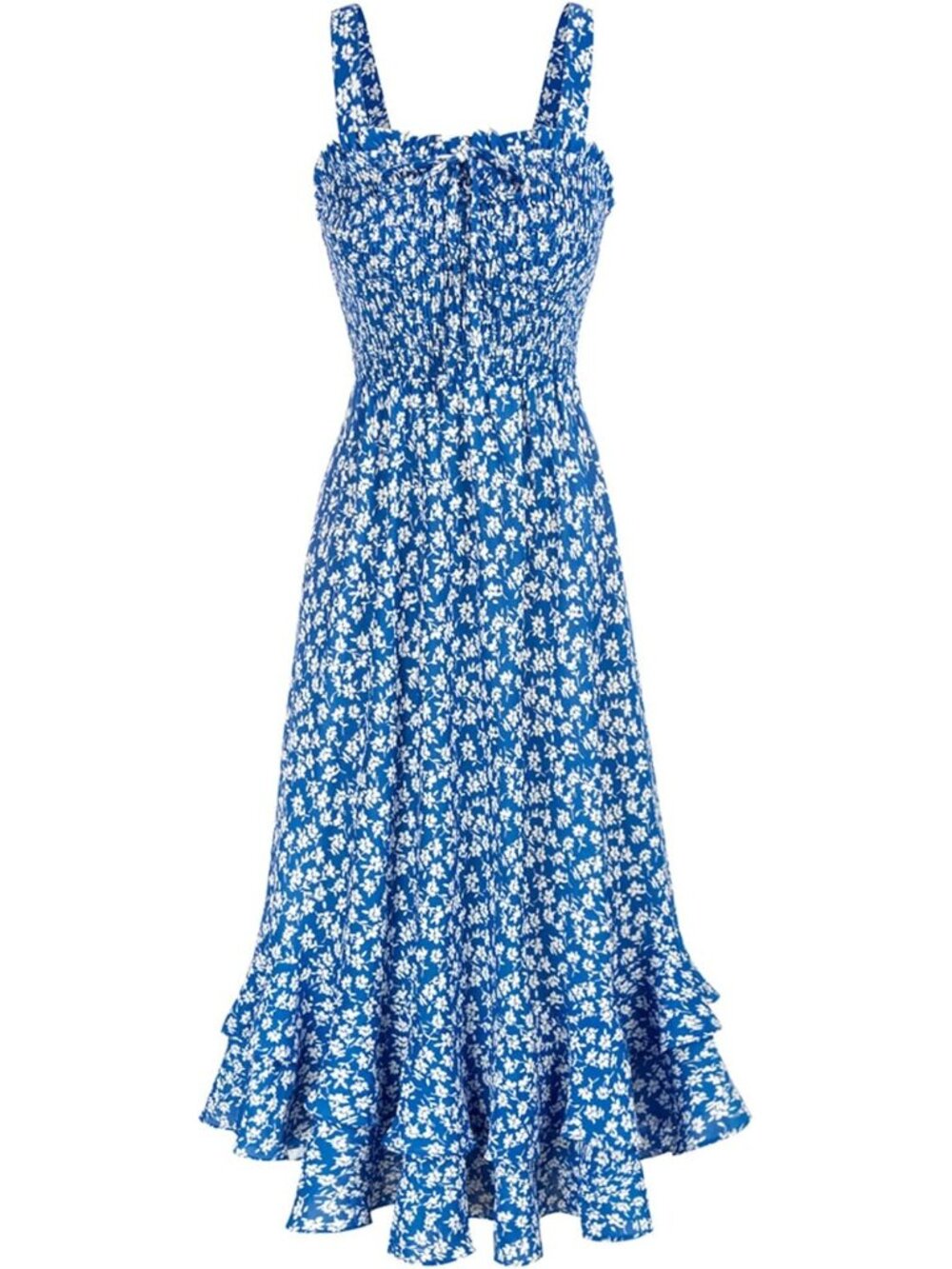 Women's Blue Square Neck Strapped A LINE Floral Boho Long Maxi Dress
